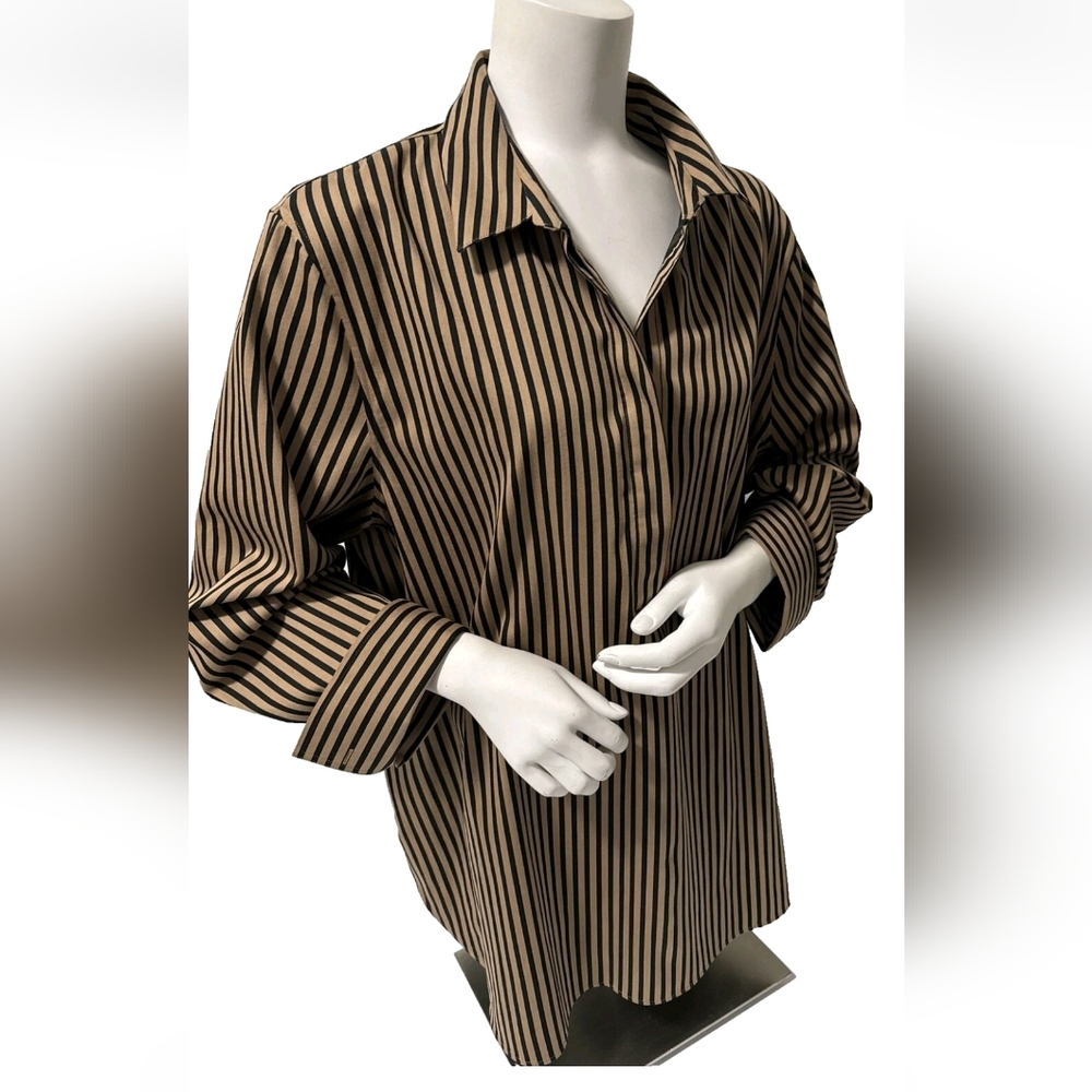 CHICO's Long Sleeve Collared Button-up Blouse, Black and Tan, Size 2 (Large) NWT